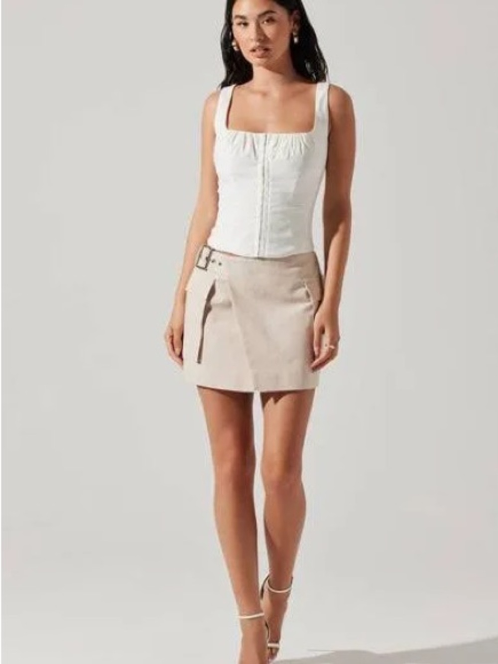 Astr Beige Buckle Wrap Mini Skirt